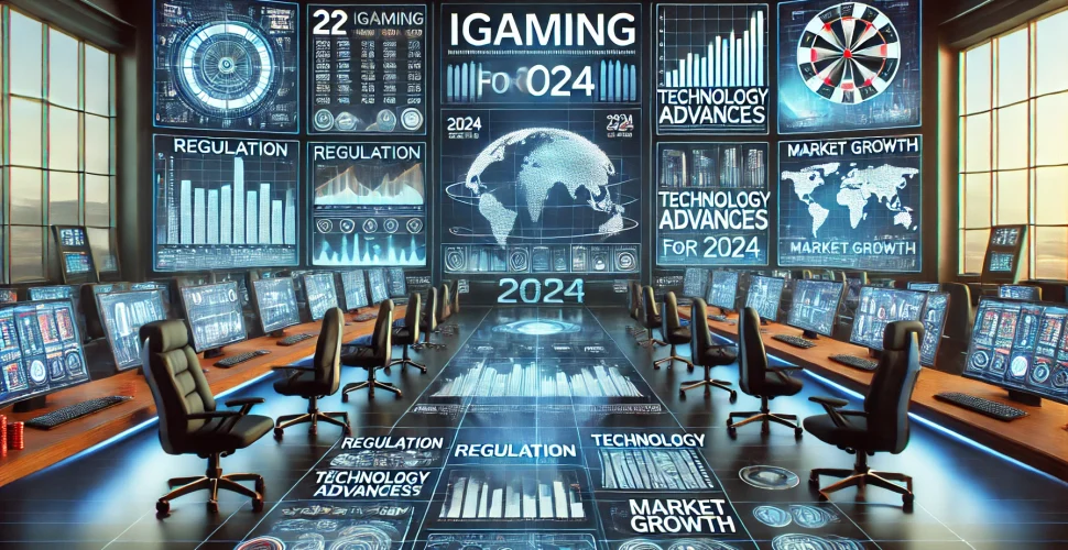 DALL·E 2024-10-08 22.49.17 - A futuristic office setting with multiple screens displaying data and trends about the iGaming market. The screens show graphs, statistics, and keywor