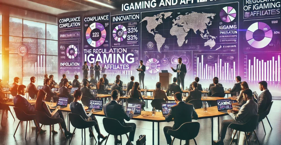 DALL·E 2024-10-15 13.16.49 - A horizontal blog cover image focusing on the regulation of iGaming and affiliates. The image features a professional conference setting where industr