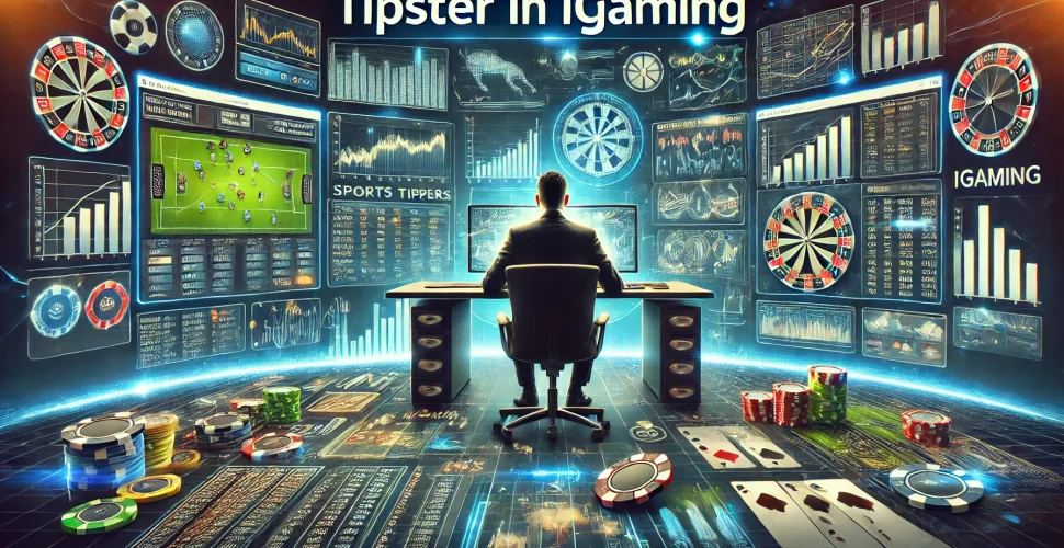 DALL·E 2024-10-29 12.26.17 - A horizontal blog cover image themed around a 'Tipster in iGaming.' The design should capture a professional tipster analyzing iGaming strategies. A d