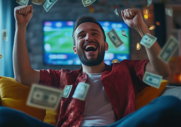 A joyful man celebrates his success as dollar bills rain down in a cozy living room with a TV in the background.